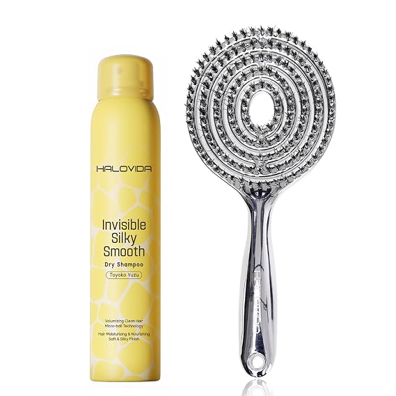 HALOVIDA Dry Shampoo 5.07 fl oz (Yuzu) for Dark Hair & Detangling Hair Brush Set - No Residue, Absorbs Oils, Anti-Static, for Frizz-Free Volumized and Smooth Hair