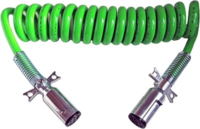 7-way Truck And Trailer Electrical Coiled Cable Abs Duty Green, 15 Length; 2 X 12 Leads