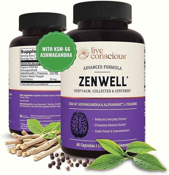 Live Conscious KSM-66 Ashwagandha Supplement w/L Theanine & AlphaWave - ZenWell Everyday Stress Relief, Cognitive, Brain Health - Ashwagandha for Men & Women - 60 Capsules