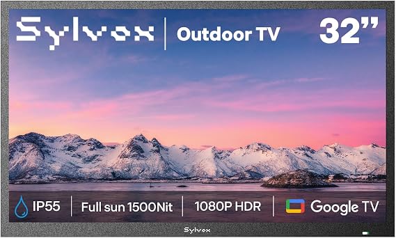 SYLVOX 32" Smart Outdoor TV,1080P Full Sun Outdoor Television with 1500 Nits High Brightness, IP55 Weatherproof TV for Outside, Google System WiFi Bluetooth Google Assistant Chromecast (Pool Se)