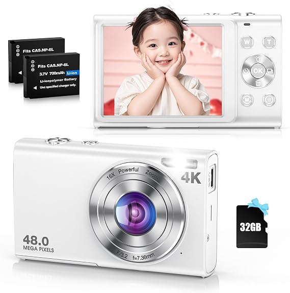 Digital Camera, 4K Digital Camera, Autofocus, 48 Million Pixels, Compact Digital Camera, 16x Digital Zoom, Image Stabilization, Vlog Selfie, Compact Camera, 2.8 Inch IPS Screen, 32 GB MicroSD Card | 2.8インチIPSスクリーン 32GBMicroSDカード付き バッテリー2個付属 軽量 携帯便利 初心者向け 忘年会/クリスマス/新年/旅行