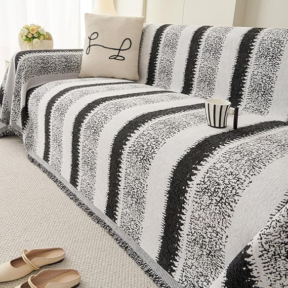 Highdi Chenille Sofa Throws Large, Reversible Extra Large Throws for Settees, Modern Style Versatile Soft Throw Blanket with Tassels for Settees Couch Sofa Bed (90x90cm,Black)