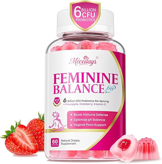Feminine Balance Gummies for Women, Premium Ph Balance Gummies with Probiotic for Vaginal Flora Balance, Immune Support Supplement, Gluten-Free, Strawberry Flavor with Liquid Filled, 60 Count