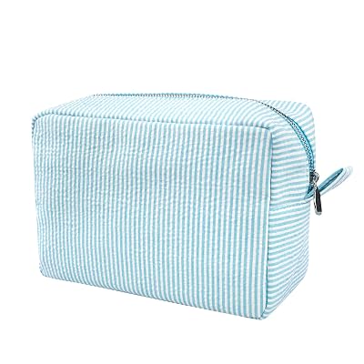 GFU Makeup Bag for Women, Cute Cosmetic Bag, Lightweight Toiletry Make up Bag, Large Seersucker Aesthetic Organizer Storage Pouch for Girls, Women and Moms Gifts, Lightblue