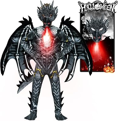 digi Dragon Costume for kids,Halloween costume Scary Goblin Dragon Full Body Jumpsuit with Wings Tail Spikes for boy 4-12