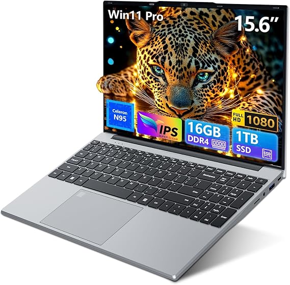 15.6 inch Gaming Laptop 2025, Laptop Computer with N95 Quad-Core up to 3.4GHz, 16GB DDR4 1TB SSD, Backlit Keyboard, Fingerprint Unlock, FHD 1920 * 1080, WiFi5, BT4.2, Win 11 Pro(Silver)