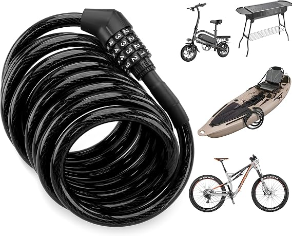 Sportneer Kayak Cable Lock 9.84ft, 10mm Heavy Duty Bike Lock with 4-Digit Resettable Combination, Slim Cable Fits Scupper Holes, Anti-Theft for Bicycle, Scooter, Grill & Outdoor Gear