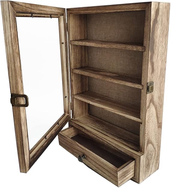 WANLIAN Shadow Box Frame11X16inch, 3 Removable Shelves Wood Shadow Box Display Case Line Back,Acrylic and Drawer, for Display Pictures, Medals, Bouquet on The Wall or Tabletop (Carbonized)