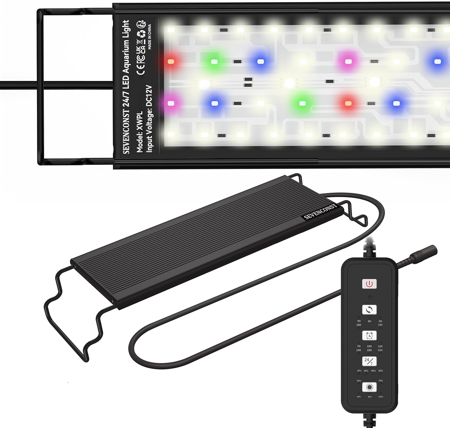 24/7 Mode LED Aquarium Light for 12-18 Inch Plant & Fish Tank, IP68 Full Spectrum Light, Sunrise-Daylight-Moonlight, White Red Green Blue Pink LEDs with Extendable Brackets for Freshwater [Energy Class E]
