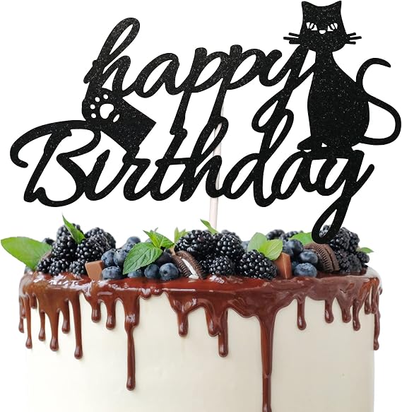 Happy Birthday Cake Topper for Pet Cat Theme Birthday Party Decorations, Kitty Cat Cake Decor Supplies for kids, Paw Print Sign (Black Glitter)