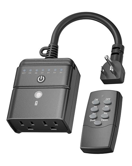 BN-LINK Outdoor Timer for Lights, 100FT Remote Control | 2 Outlets, Weatherproof Outdoor Use; Dusk-To-Dawn+2/4/6/8H Countdown; For String Lights, Pump, 125V 15A 1/2HP,ETL Listed
