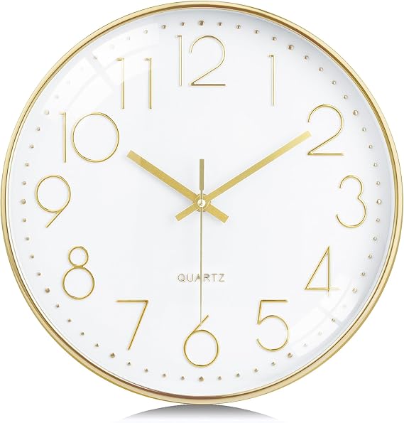 Lafocuse 12 inch Modern Analog White and Gold Wall Clock Battery Operated