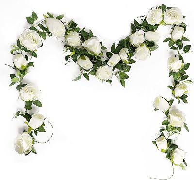 2Pcs Artificial Rose Garland 13ft White Flower Garlands Fake Silk Rose Garland Arch Flowers for Wedding Decororation Party Floral Background Decor