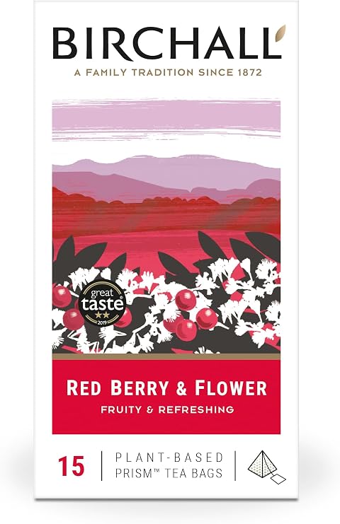 Birchall Tea Bags, Red Berry & Flower Tea Gift, Caffeine Free Tea Bursting with Full Flavour, 15 Plant-Based Prism Tea Bags