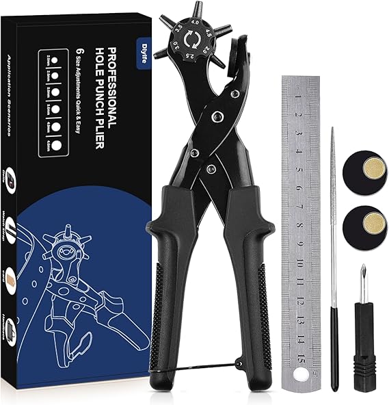 Leather Hole Punch for Belt, Diyife Revolving Punch Plier Kit, 6 Hole Sizes