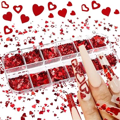 3D Holographic Heart Nail Glitter Sequins,12 Grids Laser Butterfly Letter Star Maple Leaf Red Design for Manicure Sequin Glitters Flakes Nail Art Stickers for Acrylic Nails Supplies Decorations