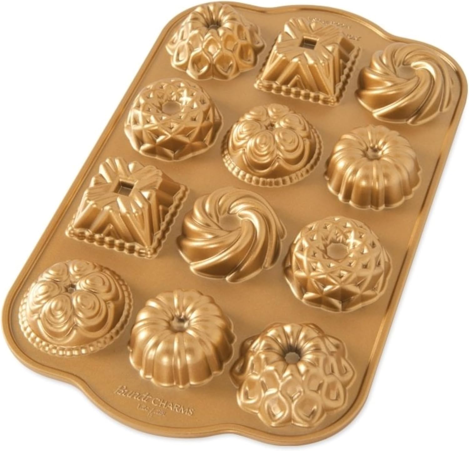 Nordic Ware Bundt Charms Pan, 3D Cast Aluminium Bundt Tin, Bundt Cake Tin with Geometric Pattern, Cake Mould Colour: Gold