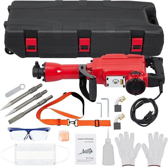 1700W Heavy Duty Electric Demolition Jack Hammer Concrete Breaker Power Tool Kit 3 Chisels Bit Chipping W/Case, Gloves