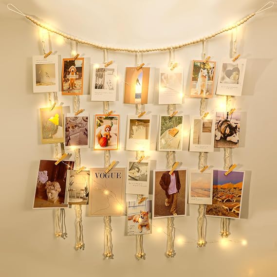 KLOGTSIND Hanging Photo Display, Macrame Wall Decor with Lights, 50 Clips