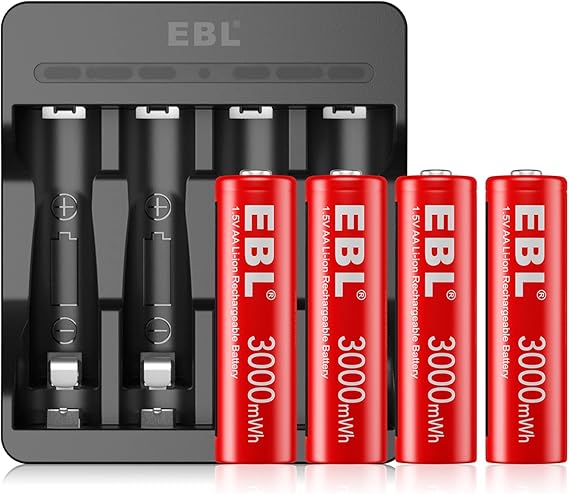 EBL 1.5V Rechargeable Lithium AA Batteries with USB Input Charger, 3000mWh Li-ion AA Batteries Long Lasting Double A Battery 4 Pack