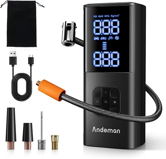 Andeman Tire Inflator Portable Air Compressor, 150PSI & 8000mAh Portable Air Pump, 4X Faster Cordless Tire Inflator with Large Display and LED Light, Cordless Air Pump for Cars, Bike, Ball,Black