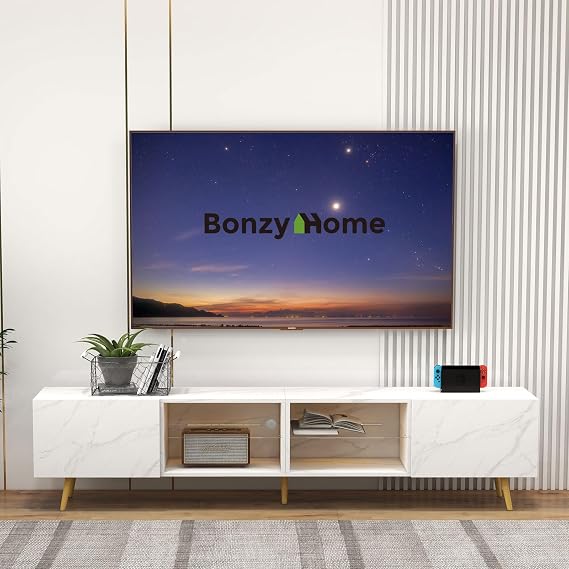 Bonzy Home 86" LED TV Stand, Modern Entertainment Center, White Marble