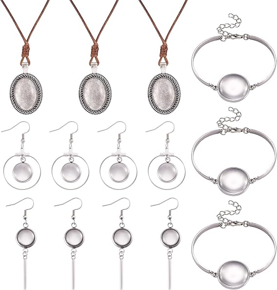 Beadthoven 28pcs DIY Pendant Trays Set for Jewelry Making, Including 3pcs Vintage Necklace Pendant Trays, 3pcs Bracelets Bezel Settings, 8pcs Blank Tray Earrings and 14pcs Clear Glass Cabochons