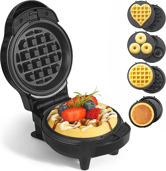 4 in 1 Waffles Maker with 8 Removable Plates- Waffle, Heart Waffle, Donut | Mini Waffles Maker, 4.5" Non Stick Waffle Iron for Families, Black