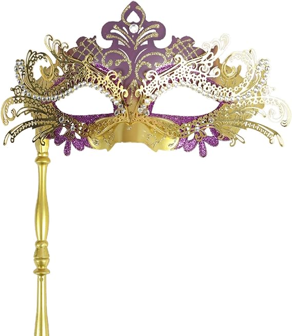Masquerade Mask with Stick for Women Mardi Gras Venetian Handheld Masks Gold and Purple for Opera Halloween Costume