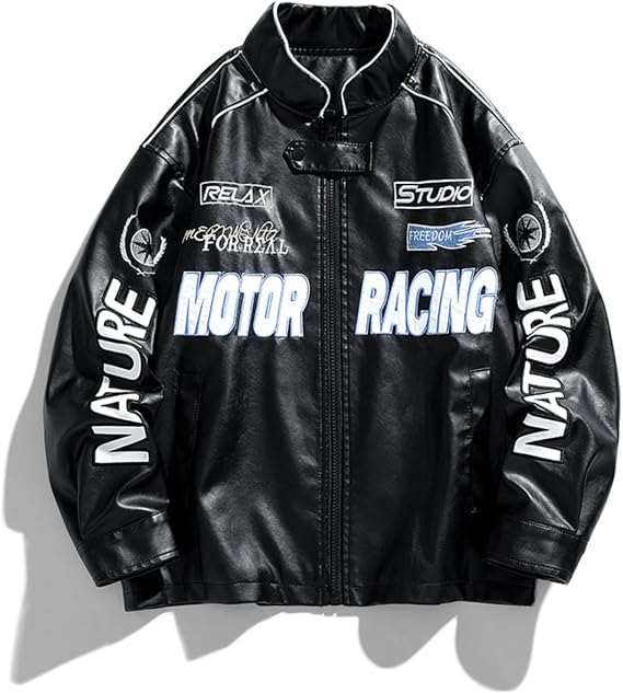 POHADON Mens Varsity Jacket PU Leather Vintage Racing Motor Biker Graphic Bomber Jackets Oversized Unisex Y2k Streetwear