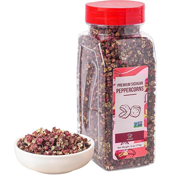 Soeos Sichuan Peppercorns, 6oz(170g), Whole Premium Red Szechuan Peppercorns for Authentic Sichuan Cuisine, Citrusy Aroma & Tingling Flavor, Ideal for Hot Pot, Mapo Tofu, Stir-Fry & Seasoning