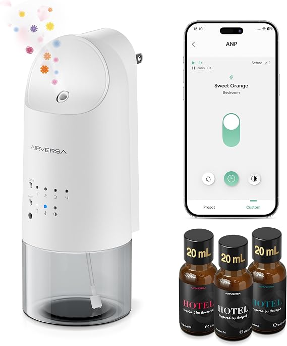 Airversa ANP Smart Plug in Wall Waterless Essential Oil Diffuser, White | 3X20 mL Hotel Scent Fragrance Oil, Up to 800 sq ft, App Control, 160mL Capacity, Smart Scent Air Machine, for Home