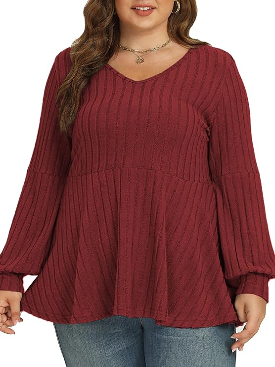 VOGRACE Plus-Size-Tops-for-Women Dressy V Neck Lantern Long Sleeve Shirts Casual Oversized Tunics Knit Pullover Sweaters