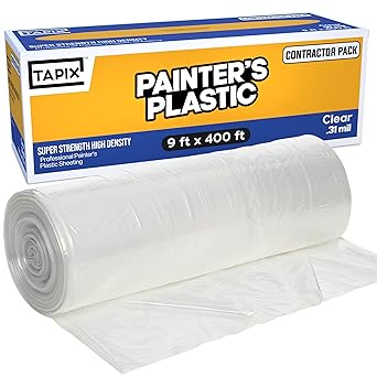 Painter's Plastic Film, 400' Length x 9' Width High, High Density Painters Plastic Sheeting Roll in Box with Dispense Hole for Easy Paint Plastic Covering