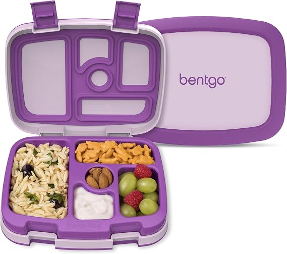 Bentgo Kids Bento-Style 5-Compartment Leak-Proof Lunch Box | Ideal Portion Sizes for Ages 3-7, Durable, Drop-Proof, Dishwasher Safe, PFAS & BPA-Free Materials (Purple)