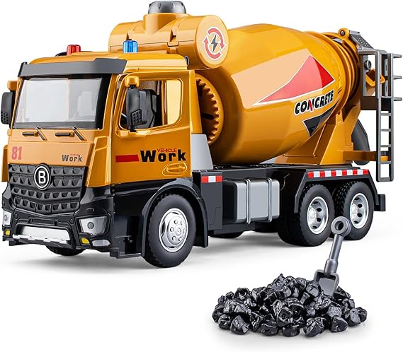 HAPYAD Cement Mixer Toy Truck Metal Cab, Big Construction Truck with Lights Sounds and Working Movable Parts, Friction Powered Construction Vehicles for Boys and Girls