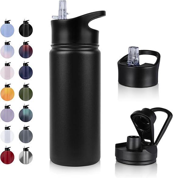 Insulated Water Bottle - 500ml 2 Lids (Straw Lid and Spout Lid) - with Straw,Stainless Steel Double-Walled Insulated Vacuum Leakproof,BPA Free,Drink Flask for Travel Sports Gym Camping Hiking