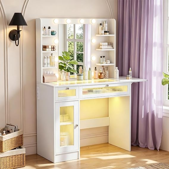 Vipbear Vanity Desk with LED Lighted Mirror & Power Outlet, Makeup Vanity Table with 2 Drawers, 8 Shelves and 1 Cabinet, Foldable White Vanity Desk with Glass Top, Vanity Set for Bedroom, Bathroom