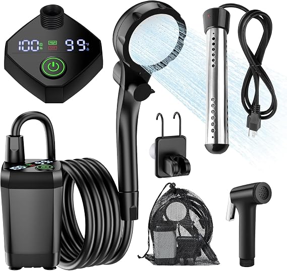 InkTrail Portable Camping Shower with Heater,6000mAh Rechargeable | Long-Lasting Camping Shower with Sprayer Head,4 Spray Modes,IPX7 Waterproof Outdoor Camp Pump for Hiking, Travel, Car, Pet