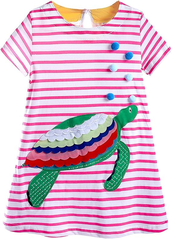 FreeLu Girls Cartoon Appliques Dress Cotton Summer Short Sleeve Dresses Casual Jersey Skirt
