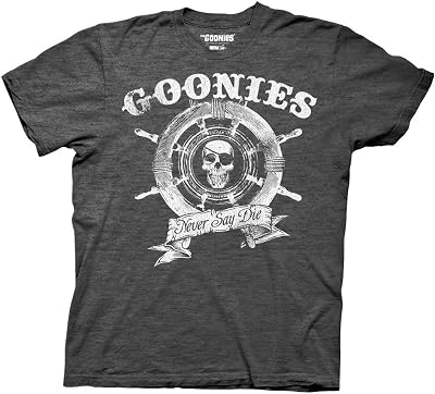 Ripple Junction The Goonies Mens Short Sleeve T-Shirt Captains Wheel Never Say Die Quote 1980s Comedy Officially Licensed