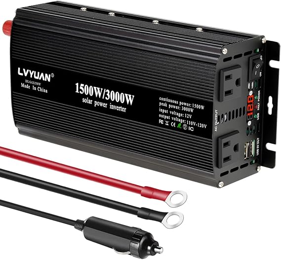 LVYUAN 1500W Inverter Car Power Inverter 12V to 110V for Vehicles with LED Display, US Outlets, USB Ports for Camping Outdoor Car Yacht RV