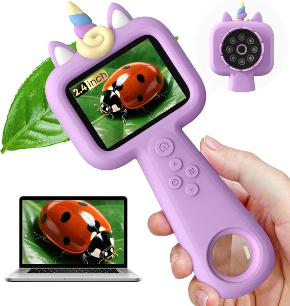 Kids Microscope - 2.4" IPS Screen, 600X-4800X Digital Magnification, LED Light, Purple Unicorn Silicone Cover, Educational Science Toy