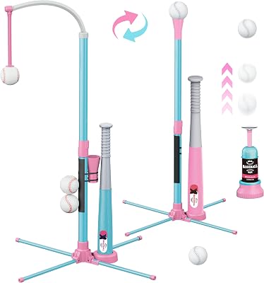 3-in-1 T Ball Set for Kids, Adjustable Height Hanging Baseball Batting Tee Set with 2 Bats, Teeball Hitting Stand, Ball Launcher for Toddlers, Sport Toys OutdoorIndoor for Boys Girls