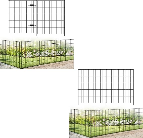 Metal Garden Fence 33.3in (H) x 23.3ft (L), 10 Panels + 11 Stakes Bundle Metal Garden Fence with Gate 33.3in (H) x 23.3ft (L), 1 Gate + 9 Panels