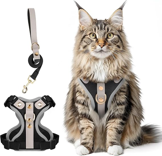Escape Proof Cat Harness and Leash Set, Premium Microfiber Leather Trim, Adjustable Reflective Vest Harness for Cats, Breathable No-Pull Kitten Harness with Soft Mesh (Black, L)