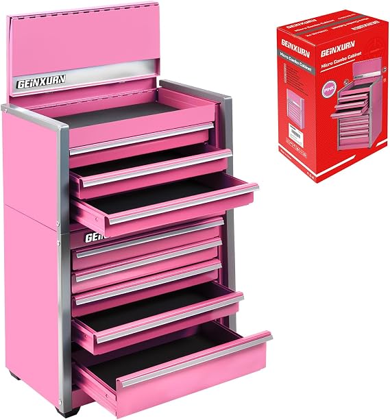 Geinxurn 8-Drawer Rolling Pink Tool Box, Heavy Duty Micro Roll Cab Steel Stackable Tool Chest with Lockable Drawers, 2-in-1 Large & Compact Combo Set (3-Drawer + 5-Drawer) for Garage, Workshop