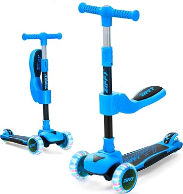 ZIFFY 2-in-1 Toddler Scooter with Seat, 3 Wheel Scooter for Kids 3-5 6-12, Foldable Light-Up Kid Scooters for Boy Girl 110 Lbs, Anti-Slip Deck, 3 Adjustable Height Handlebar, Kids Riding Toys by JOVA