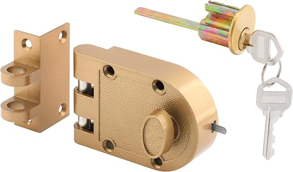 Prime-Line U 9970 Deadlock Jimmy-Resistant Single Cylinder Diecast Metal Lock with Brass Finish and Angle Strike Prohibits Forced Entry by Spreading of Door Frames (Single Pack)