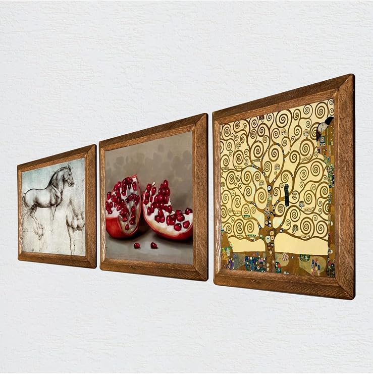 Pinecone Gustav Klimt Hayat Ağacı, Leonardo da Vinci At Heykeli, Nar Taş Duvar Tablosu - Ahşap Çerçeveli Taş Tablo - 25x25 cm - 3 Parça Set - Dekoratif Duvar Sanatı - Modern Ev Duvar Dekoru W3-1287